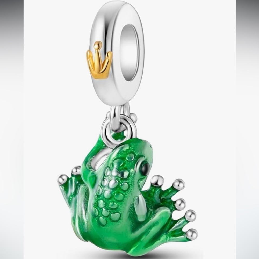 Sterling silver Whimsical Tree Frog Charm with Gold Accent crown fits pandoras